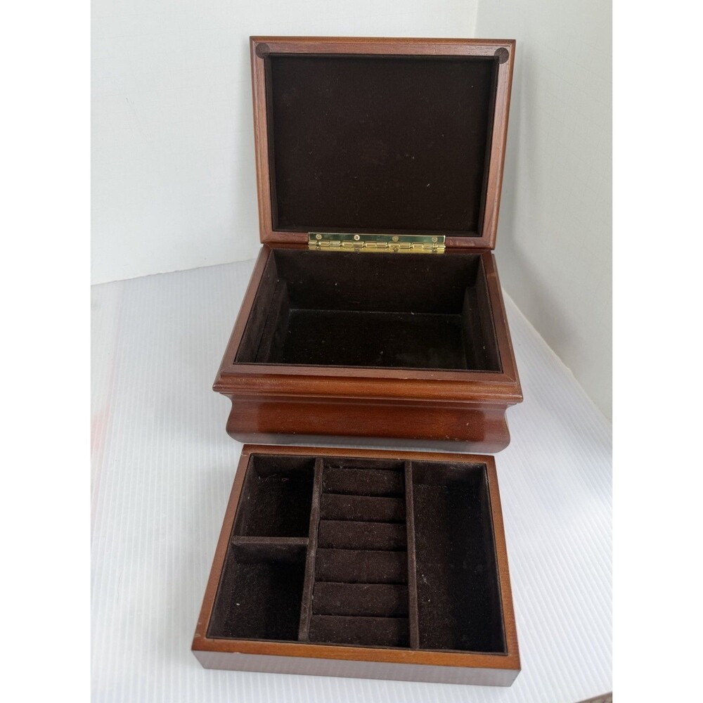 Vintage Wooden Jewelry Box 2 Tier Removable Tray Ring Storage Velvet Lined 7”